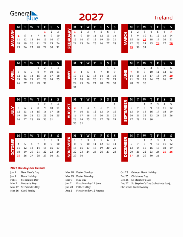 Download Ireland 2027 Calendar - Monday Start