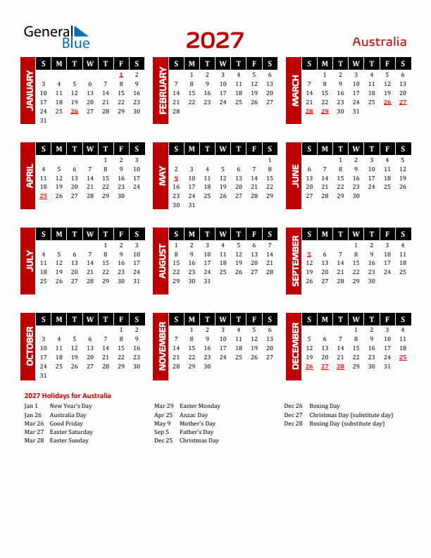 Download Australia 2027 Calendar - Sunday Start