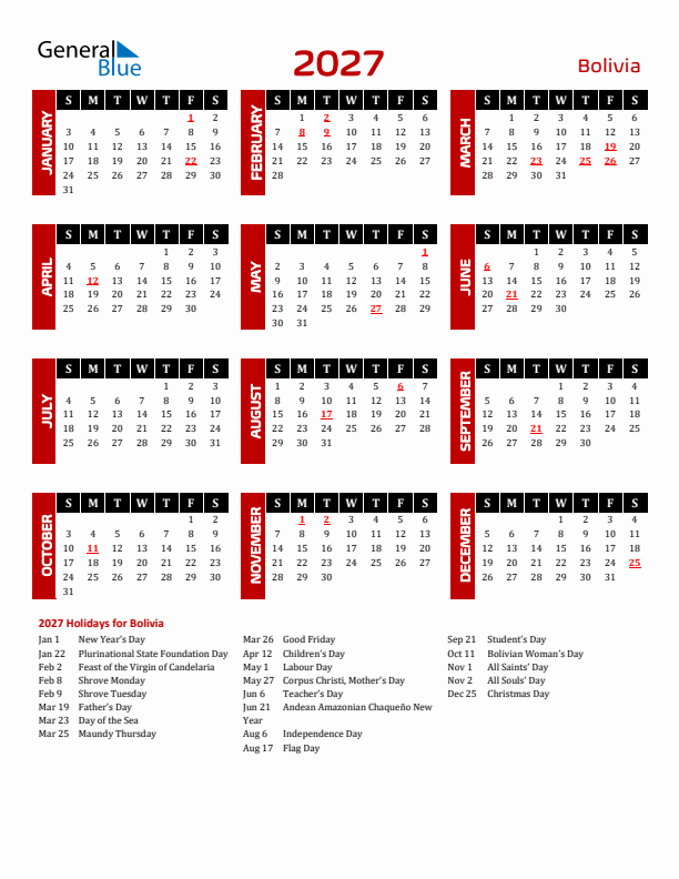 Download Bolivia 2027 Calendar - Sunday Start