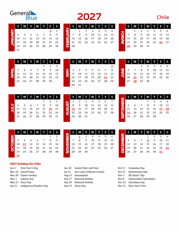 Download Chile 2027 Calendar - Sunday Start