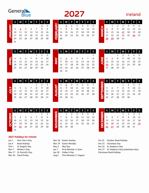 Download Ireland 2027 Calendar - Sunday Start