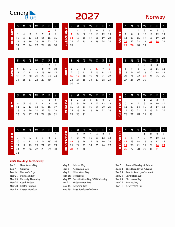 Download Norway 2027 Calendar - Sunday Start