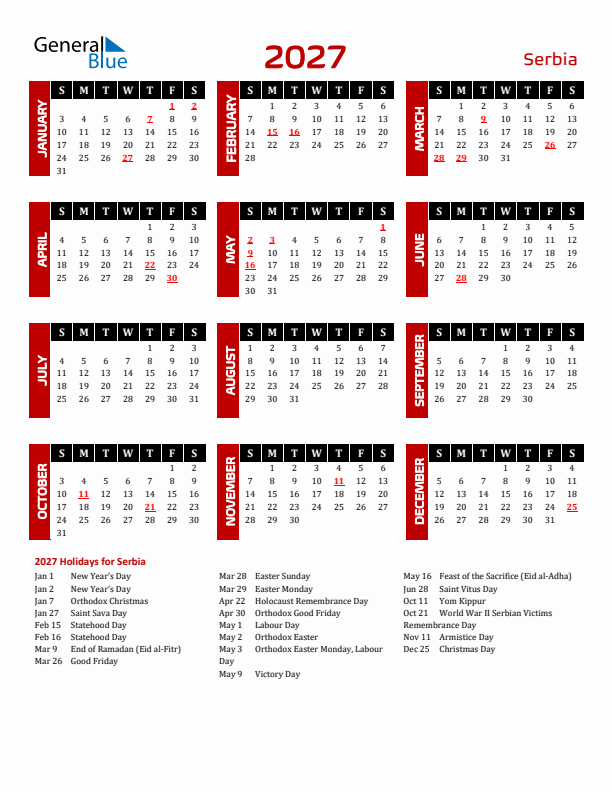 Download Serbia 2027 Calendar - Sunday Start