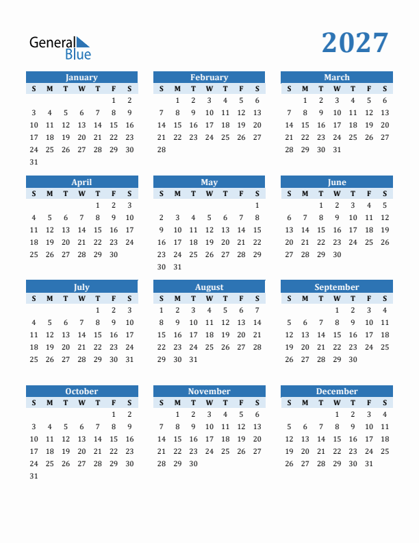 2027 Year Calendar with Sunday Start