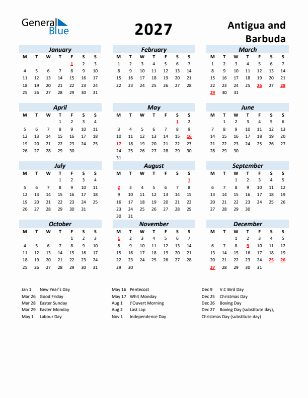 2027 Calendar for Antigua and Barbuda with Holidays