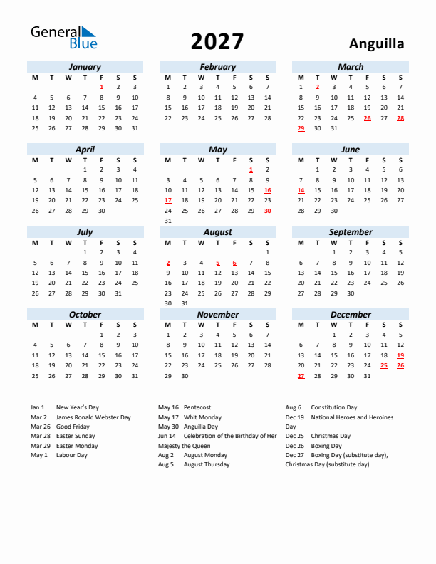 2027 Calendar for Anguilla with Holidays