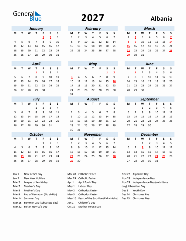 2027 Calendar for Albania with Holidays