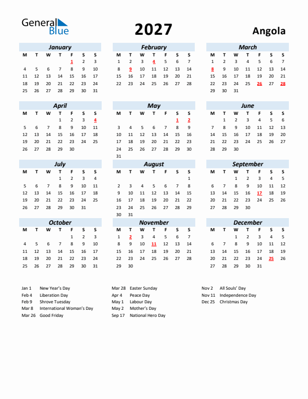 2027 Calendar for Angola with Holidays