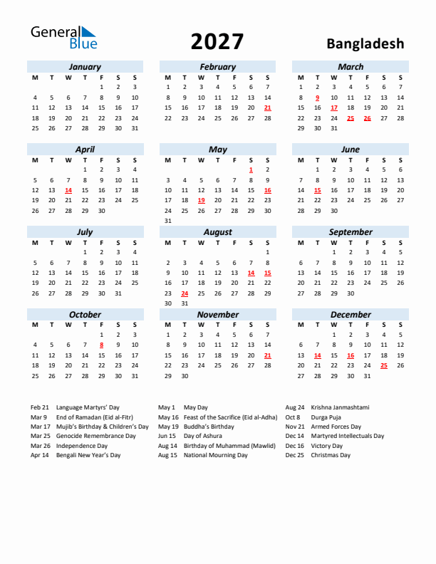 2027 Calendar for Bangladesh with Holidays