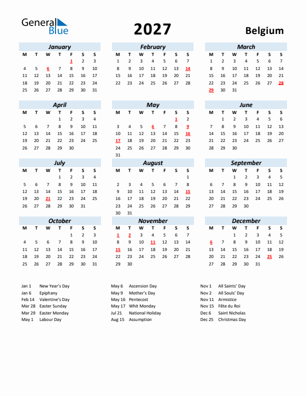 2027 Calendar for Belgium with Holidays