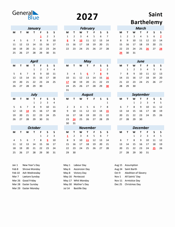 2027 Calendar for Saint Barthelemy with Holidays