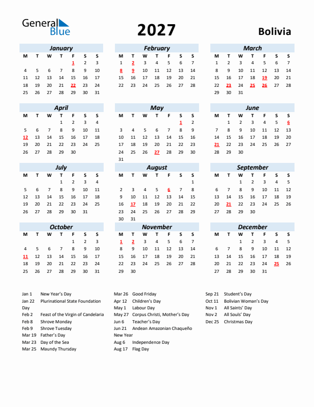 2027 Calendar for Bolivia with Holidays