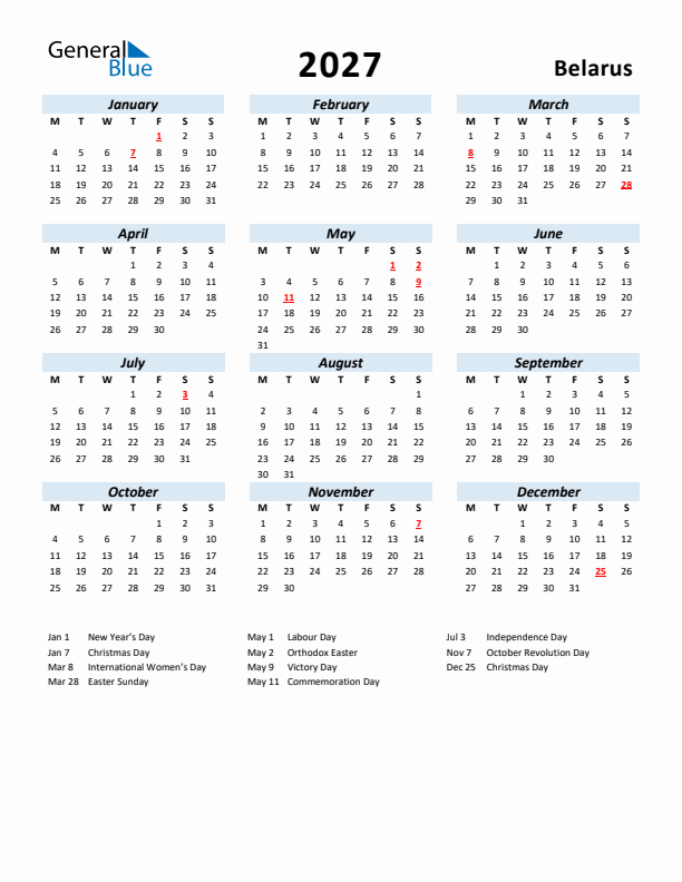 2027 Calendar for Belarus with Holidays