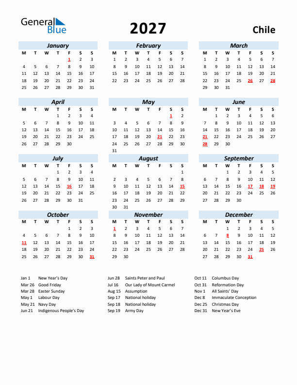 2027 Calendar for Chile with Holidays