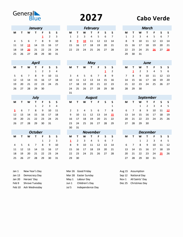 2027 Calendar for Cabo Verde with Holidays