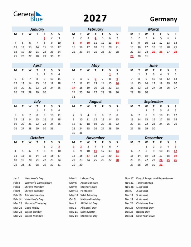 2027 Calendar for Germany with Holidays