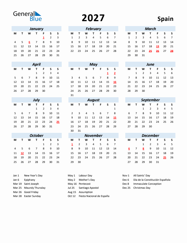 2027 Calendar for Spain with Holidays