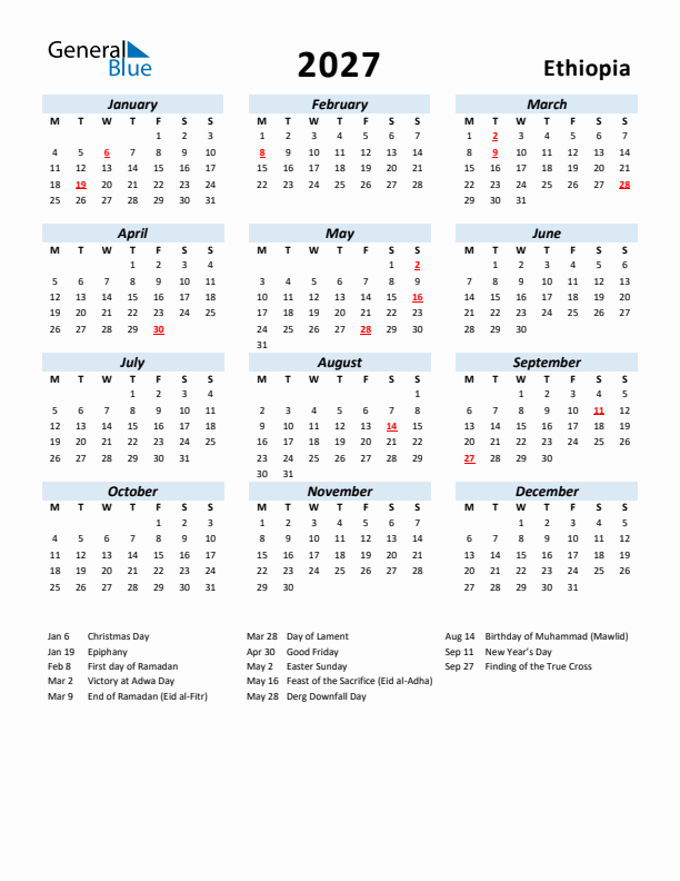 2027 Calendar for Ethiopia with Holidays