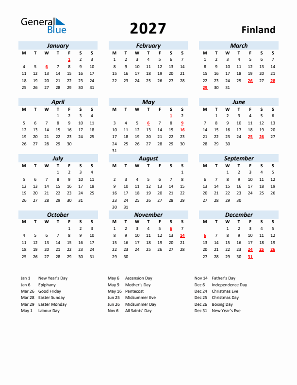 2027 Calendar for Finland with Holidays