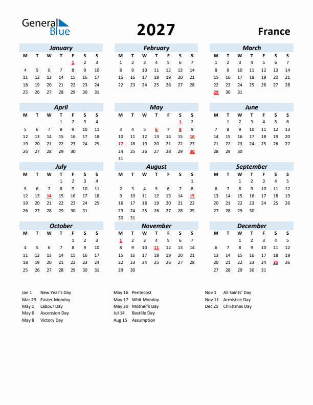 2027 Calendar for France with Holidays