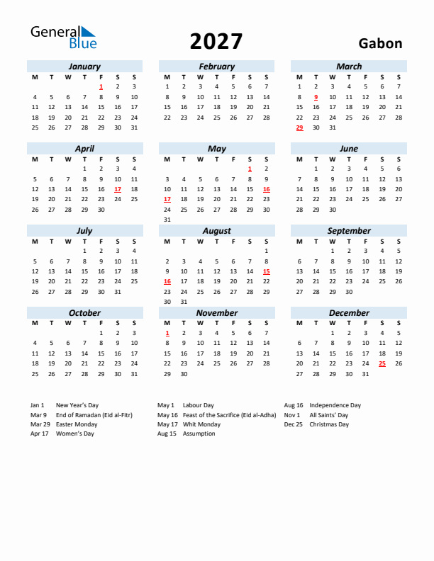 2027 Calendar for Gabon with Holidays