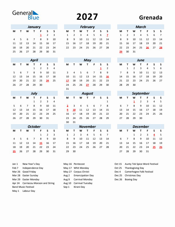 2027 Calendar for Grenada with Holidays