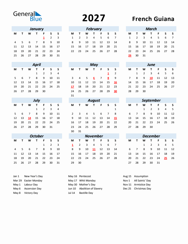 2027 Calendar for French Guiana with Holidays