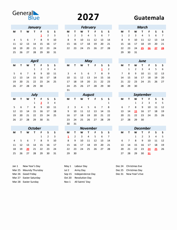 2027 Calendar for Guatemala with Holidays