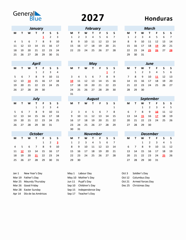 2027 Calendar for Honduras with Holidays