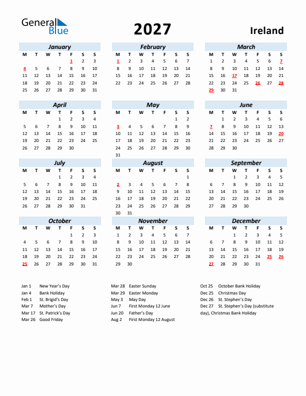 2027 Calendar for Ireland with Holidays