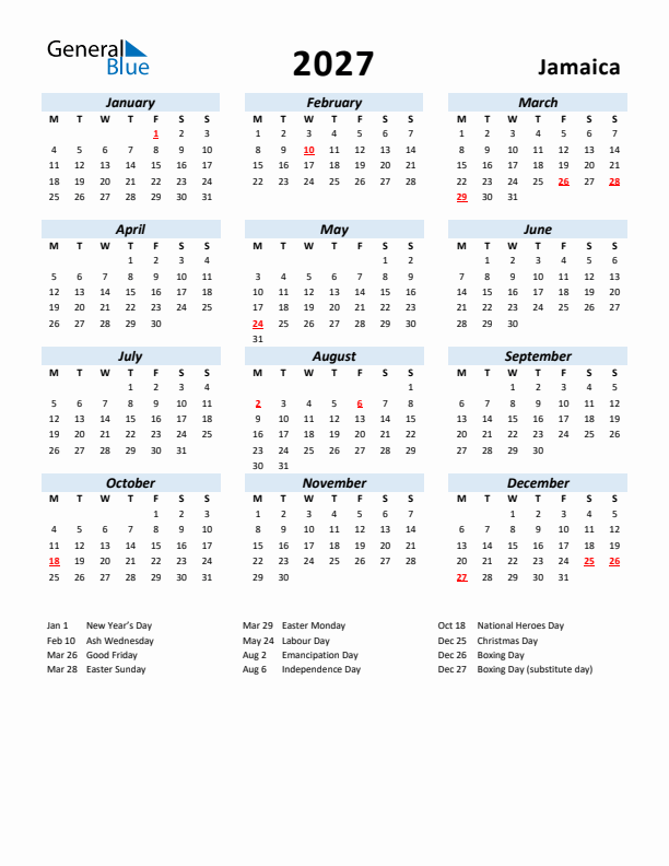 2027 Calendar for Jamaica with Holidays