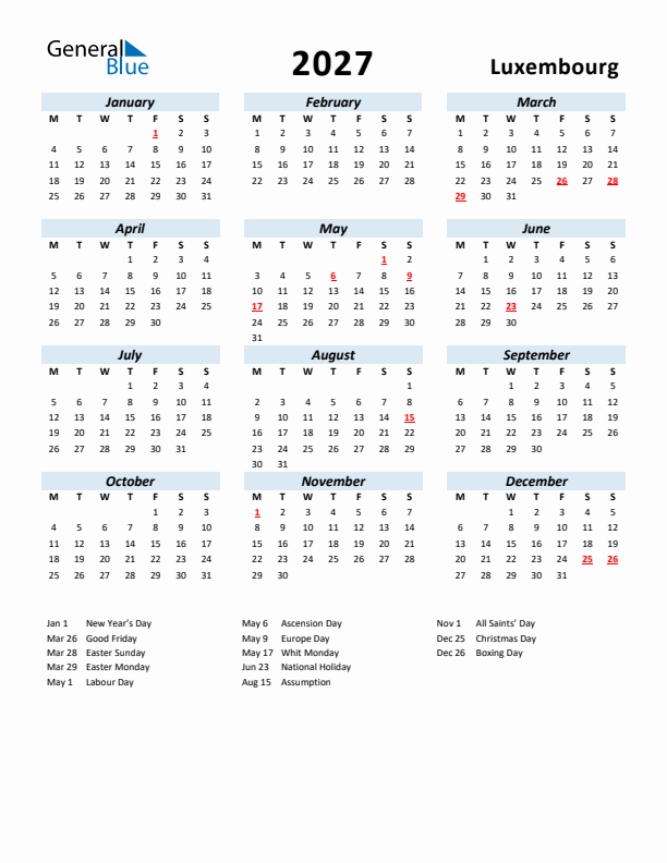 2027 Calendar for Luxembourg with Holidays