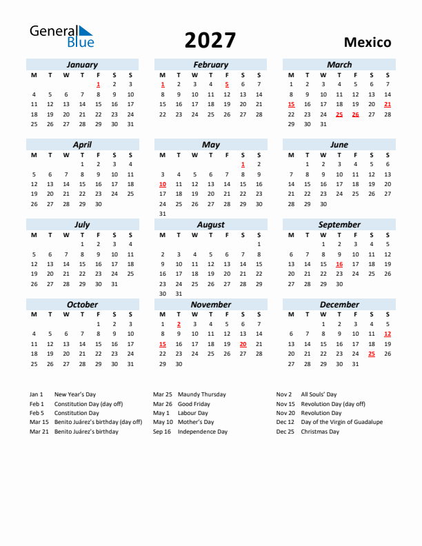 2027 Calendar for Mexico with Holidays