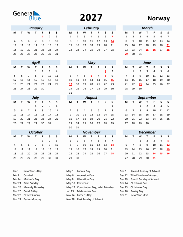 2027 Calendar for Norway with Holidays