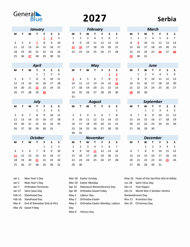 2027 Calendar for Serbia with Holidays