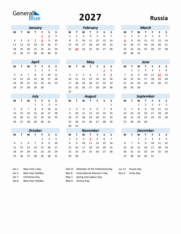 2027 Calendar for Russia with Holidays