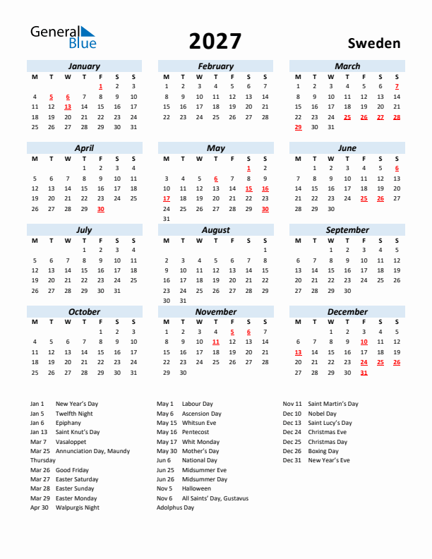 2027 Calendar for Sweden with Holidays