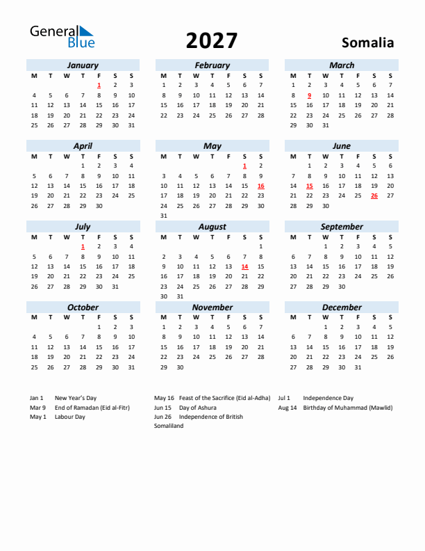 2027 Calendar for Somalia with Holidays