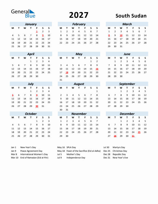 2027 Calendar for South Sudan with Holidays