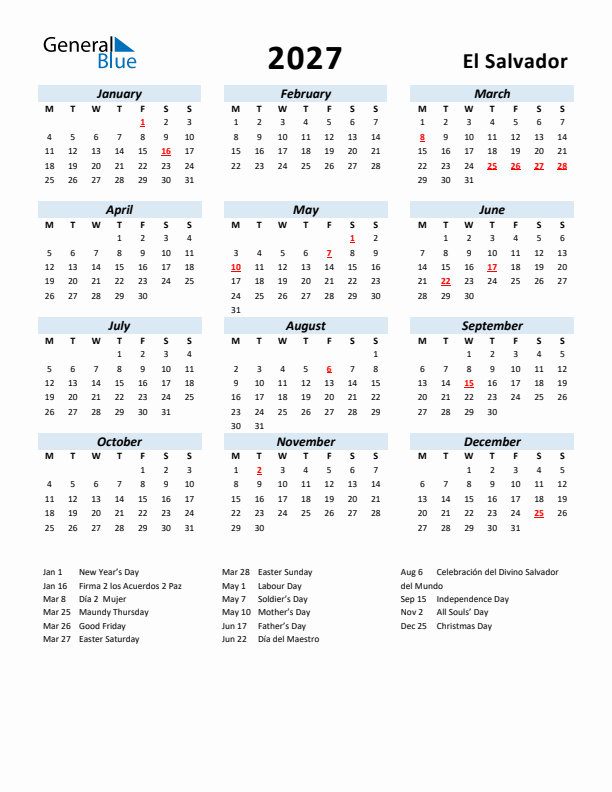 2027 Calendar for El Salvador with Holidays