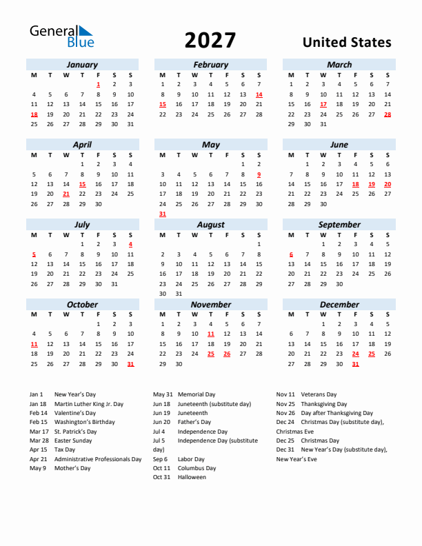 2027 Calendar for United States with Holidays