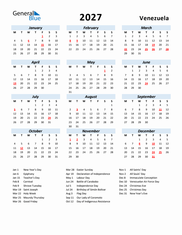 2027 Calendar for Venezuela with Holidays