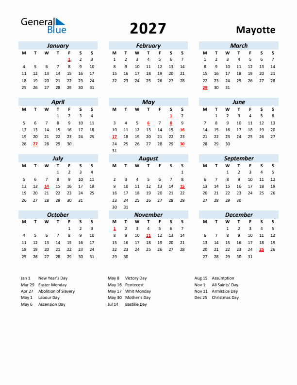 2027 Calendar for Mayotte with Holidays