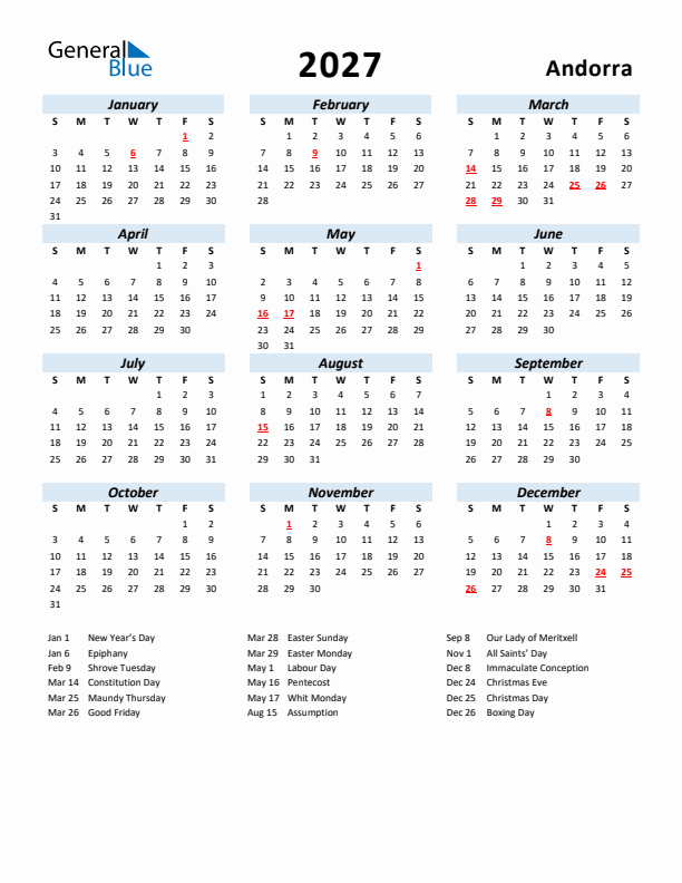 2027 Calendar for Andorra with Holidays