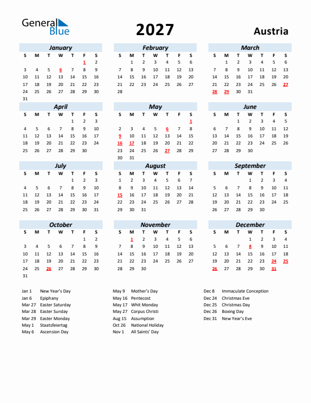 2027 Calendar for Austria with Holidays