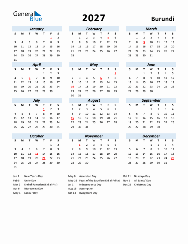 2027 Calendar for Burundi with Holidays