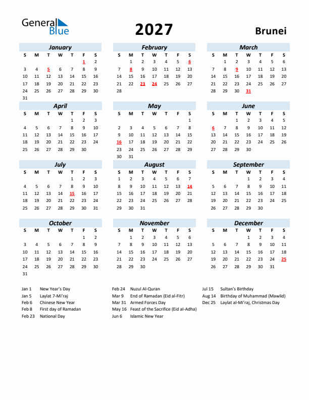 2027 Calendar for Brunei with Holidays