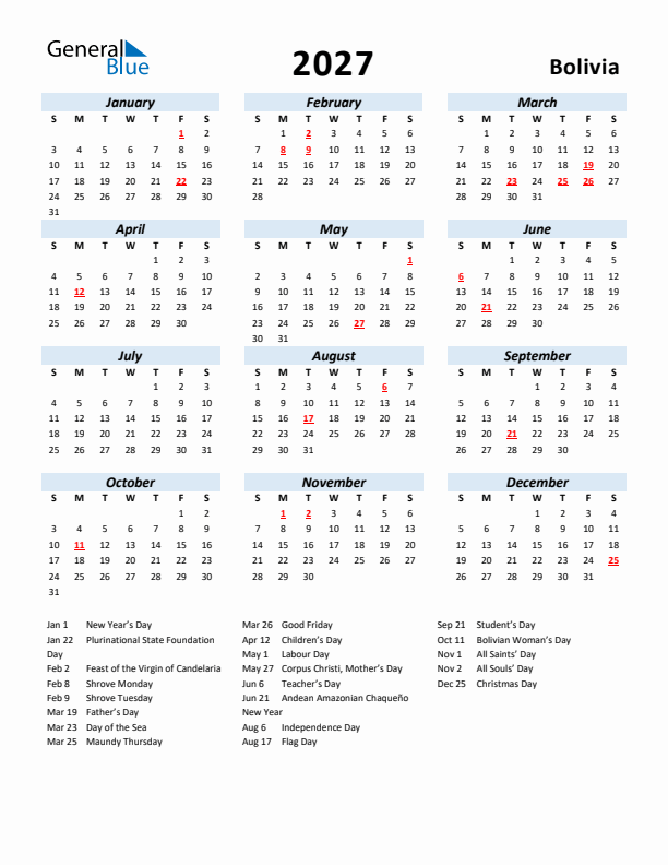 2027 Calendar for Bolivia with Holidays