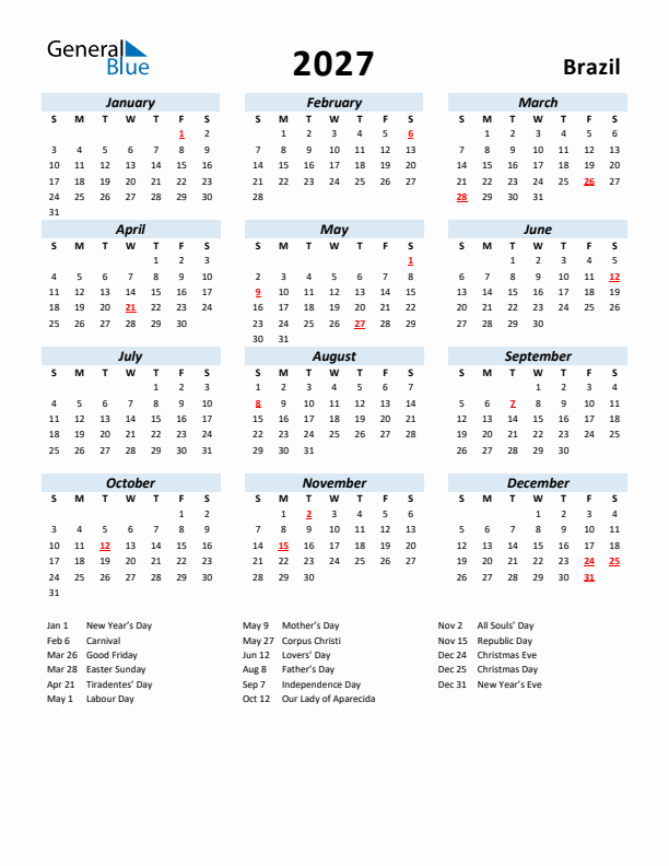 2027 Calendar for Brazil with Holidays