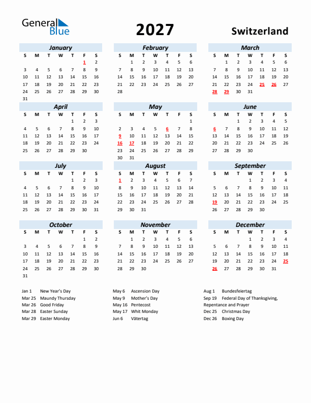 2027 Calendar for Switzerland with Holidays